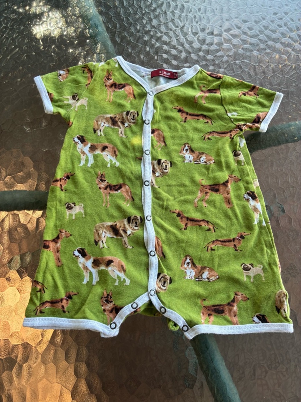 Milkbarn Green Puppy Print Short Sleeve Romper with White Trim cotton 6-12 mos